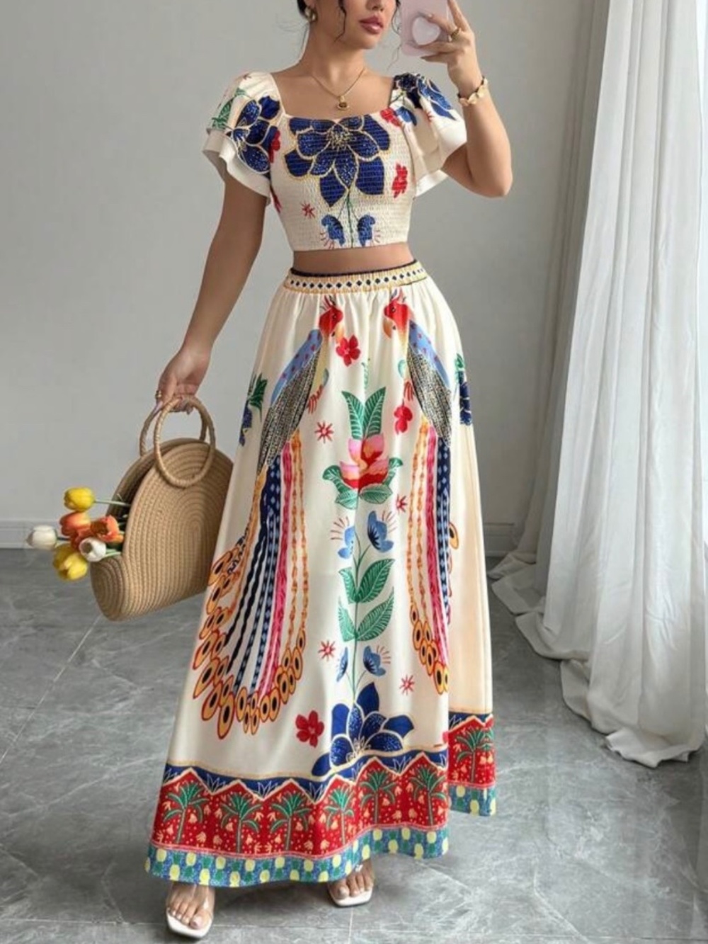 Boho Floral Paisleys Print Cami Tank Top Skirt Set